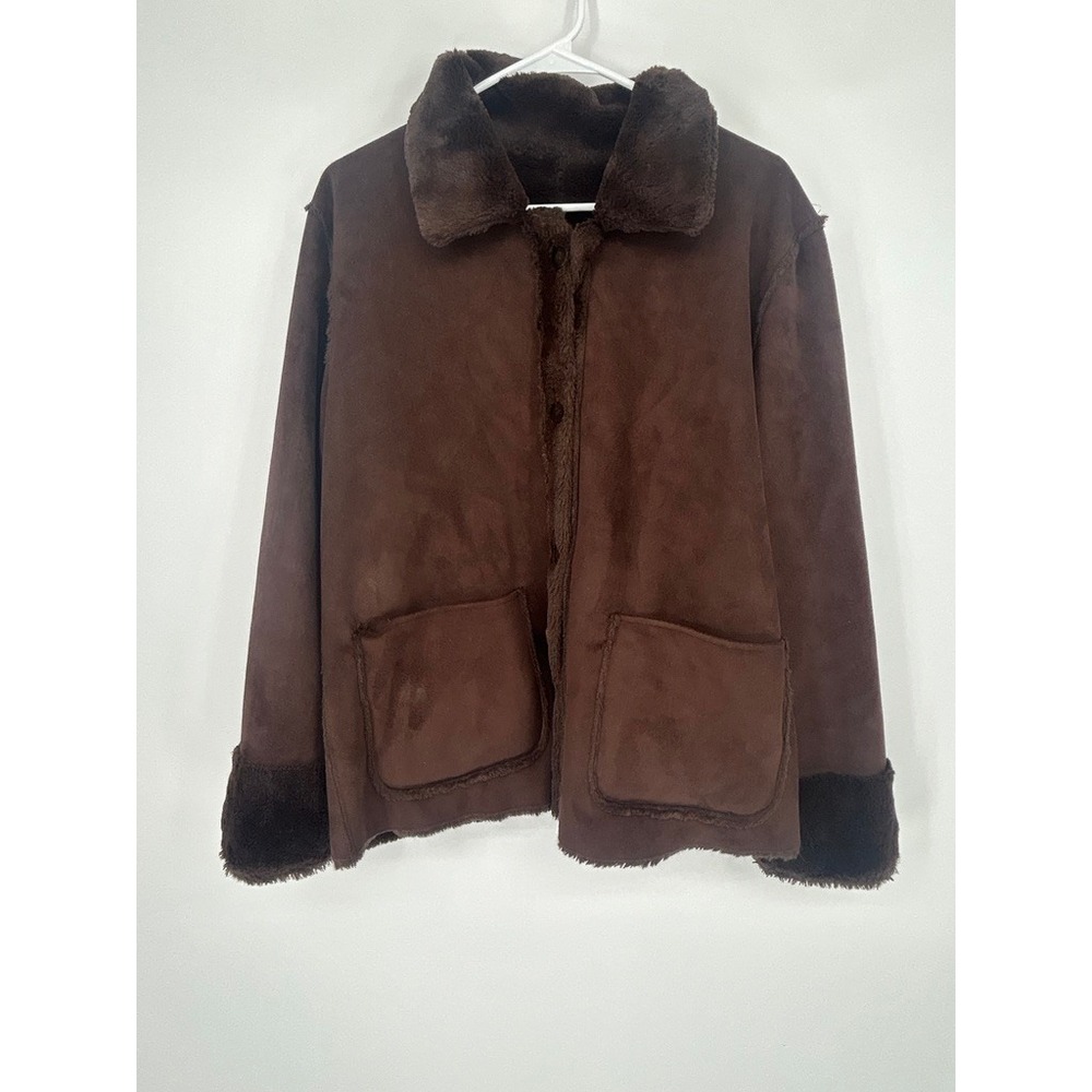 Brandon Thomas Chocolate Brown Faux Suede Shearling Jacket Womens L Boho Y2K